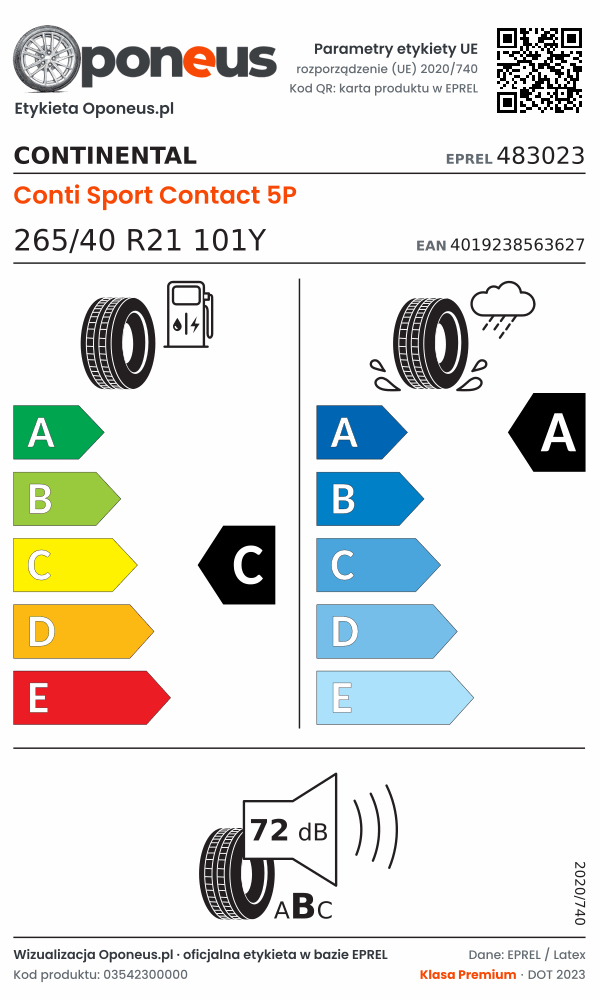 Parametry etykiety UE opony Continental Conti Sport Contact 5P 265/40 R21 101Y: efektywność paliwowa C, przyczepność na mokrej nawierzchni A, hałas 72 dB (klasa B)