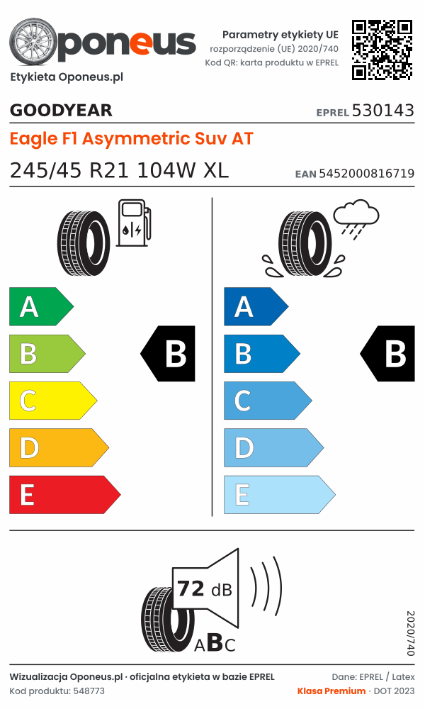 Parametry etykiety UE opony Goodyear Eagle F1 Asymmetric Suv AT 245/45 R21 104W XL: efektywność paliwowa B, przyczepność na mokrej nawierzchni B, hałas 72 dB (klasa B)