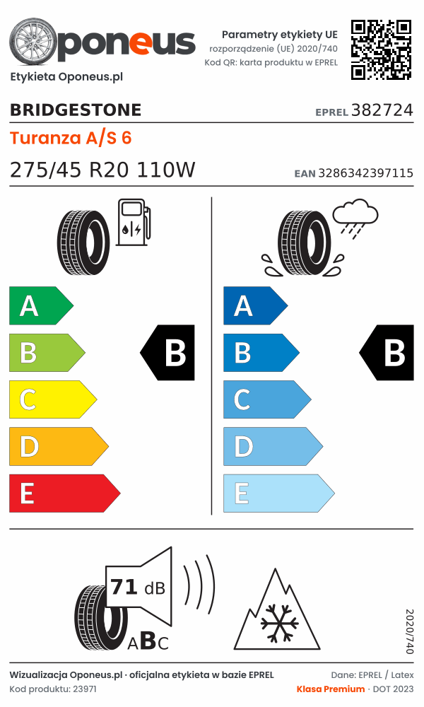 Parametry etykiety UE opony Bridgestone Turanza A/S 6 275/45 R20 110W: efektywność paliwowa B, przyczepność na mokrej nawierzchni B, hałas 71 dB (klasa B), 3PMSF