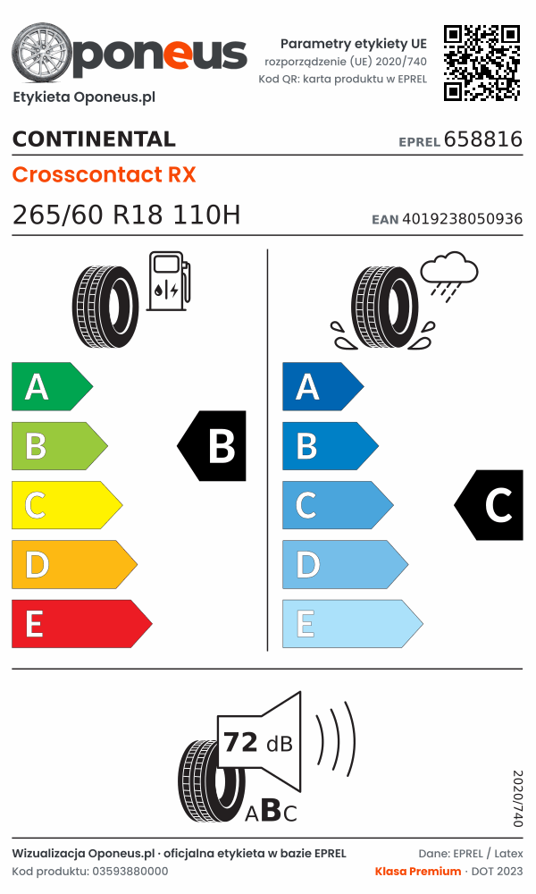 Parametry etykiety UE opony Continental Crosscontact RX 265/60 R18 110H: efektywność paliwowa B, przyczepność na mokrej nawierzchni C, hałas 72 dB (klasa B)
