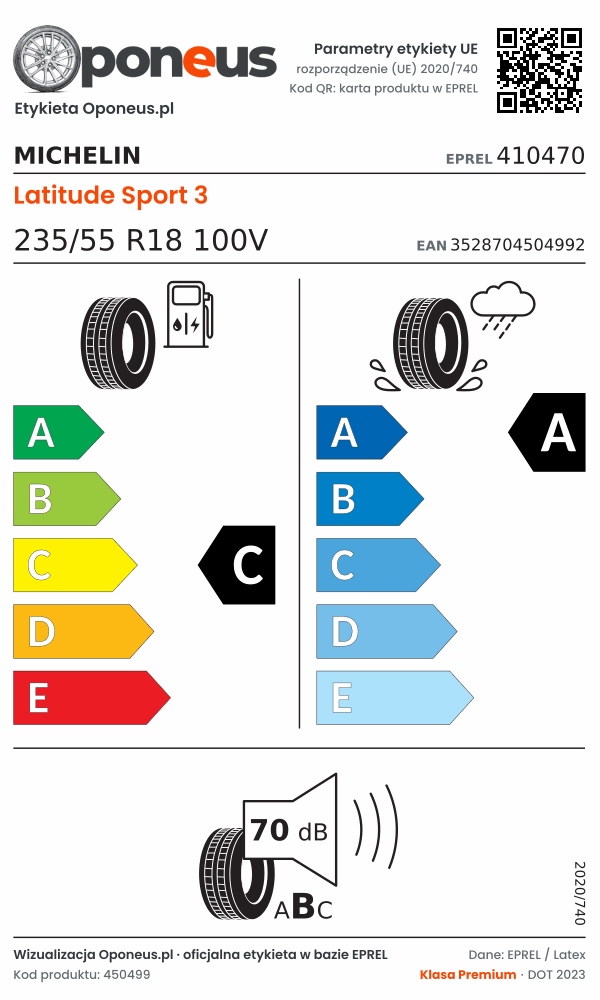 Parametry etykiety UE opony Michelin Latitude Sport 3 235/55 R18 100V: efektywność paliwowa C, przyczepność na mokrej nawierzchni A, hałas 70 dB (klasa B)