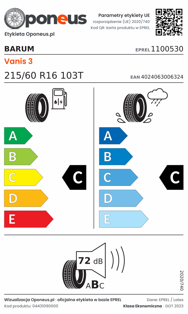 Parametry etykiety UE opony Barum Vanis 3 215/60 R16 103T: efektywność paliwowa C, przyczepność na mokrej nawierzchni C, hałas 72 dB (klasa B)
