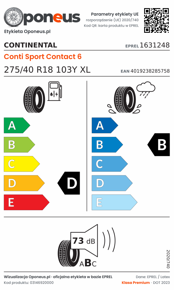 Parametry etykiety UE opony Continental Conti Sport Contact 6 275/40 R18 103Y XL: efektywność paliwowa D, przyczepność na mokrej nawierzchni B, hałas 73 dB (klasa B)