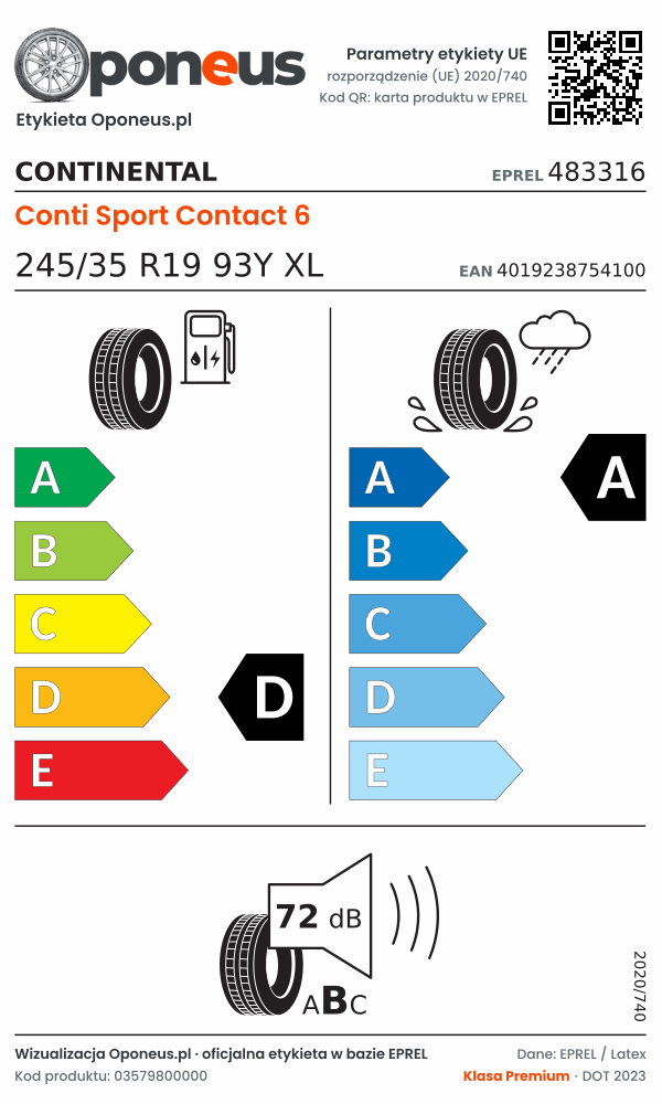 Parametry etykiety UE opony Continental Conti Sport Contact 6 245/35 R19 93Y XL: efektywność paliwowa D, przyczepność na mokrej nawierzchni A, hałas 72 dB (klasa B)