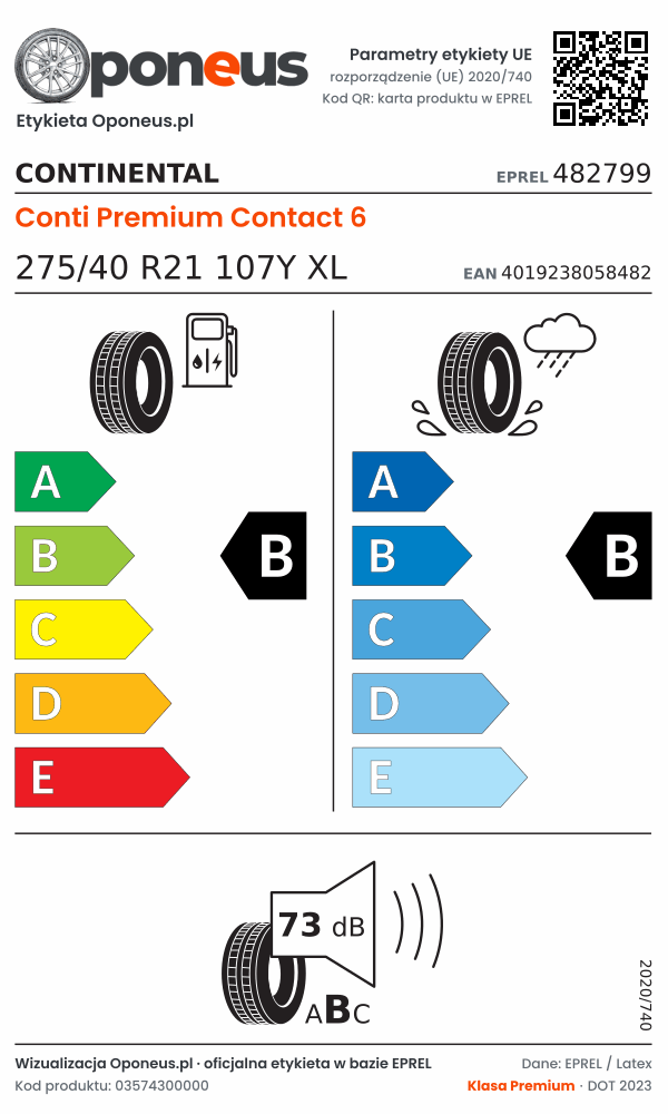 Parametry etykiety UE opony Continental Conti Premium Contact 6 275/40 R21 107Y XL: efektywność paliwowa B, przyczepność na mokrej nawierzchni B, hałas 73 dB (klasa B)