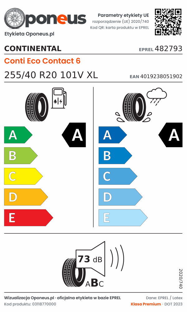 Parametry etykiety UE opony Continental Conti Eco Contact 6 255/40 R20 101V XL: efektywność paliwowa A, przyczepność na mokrej nawierzchni A, hałas 73 dB (klasa B)