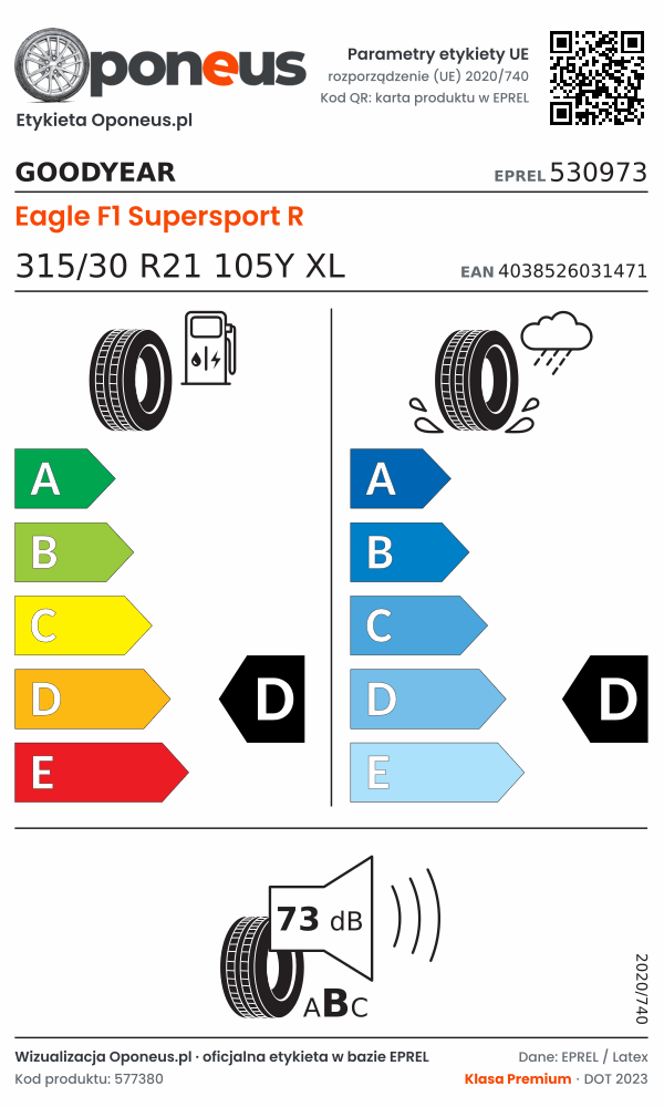 Parametry etykiety UE opony Goodyear Eagle F1 Supersport R 315/30 R21 105Y XL: efektywność paliwowa D, przyczepność na mokrej nawierzchni D, hałas 73 dB (klasa B)