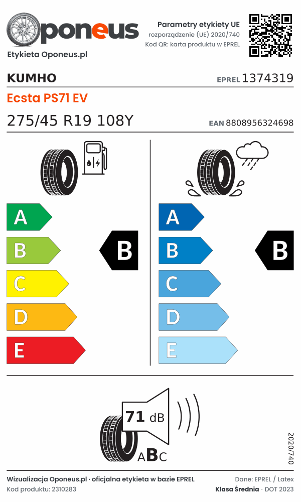 Parametry etykiety UE opony Kumho Ecsta PS71 EV 275/45 R19 108Y: efektywność paliwowa B, przyczepność na mokrej nawierzchni B, hałas 71 dB (klasa B)