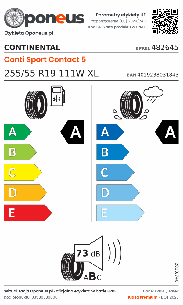 Parametry etykiety UE opony Continental Conti Sport Contact 5 255/55 R19 111W XL: efektywność paliwowa A, przyczepność na mokrej nawierzchni A, hałas 73 dB (klasa B)