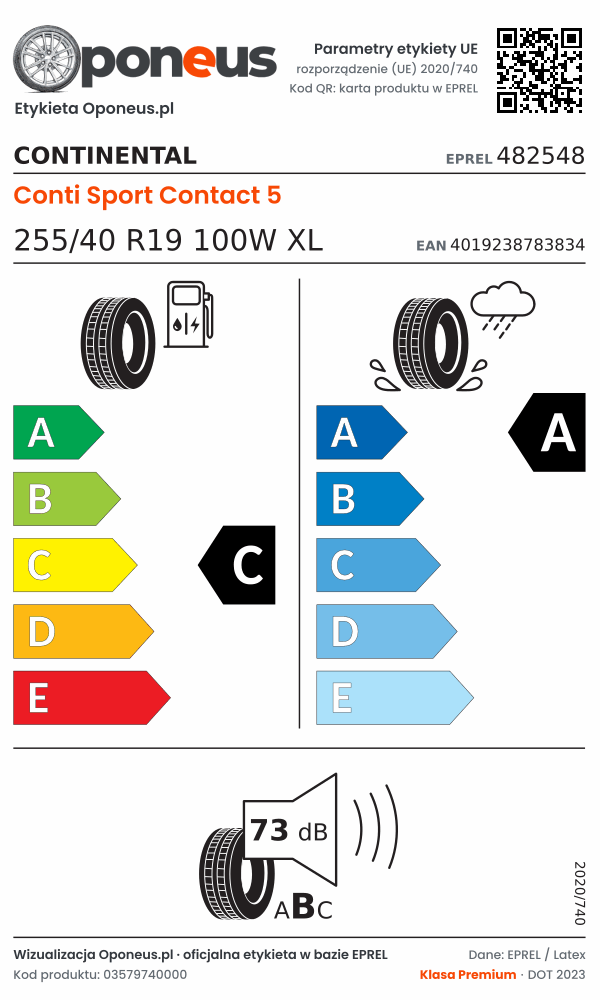 Parametry etykiety UE opony Continental Conti Sport Contact 5 255/40 R19 100W XL: efektywność paliwowa C, przyczepność na mokrej nawierzchni A, hałas 73 dB (klasa B)