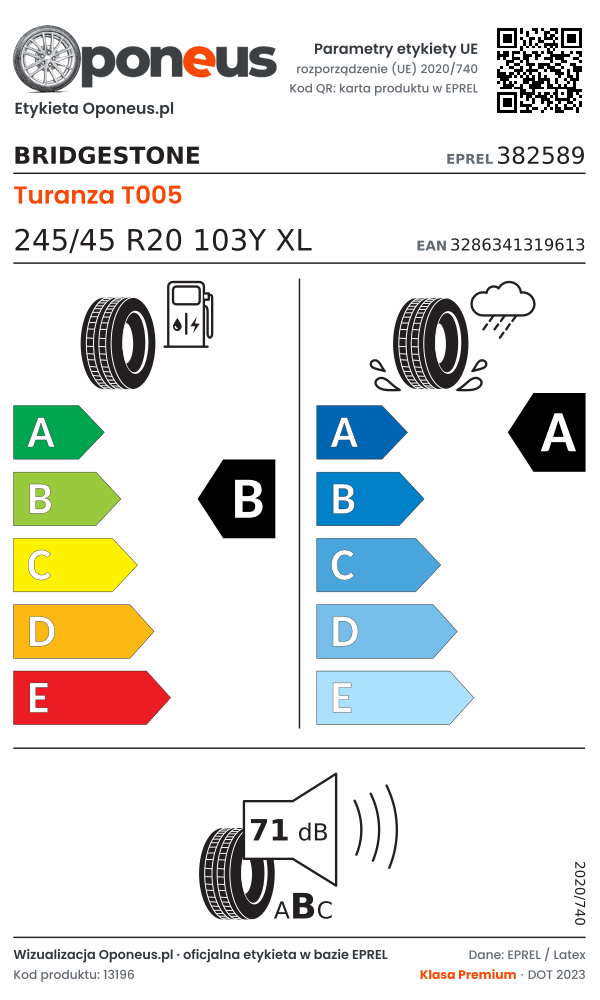 Parametry etykiety UE opony Bridgestone Turanza T005 245/45 R20 103Y XL: efektywność paliwowa B, przyczepność na mokrej nawierzchni A, hałas 71 dB (klasa B)