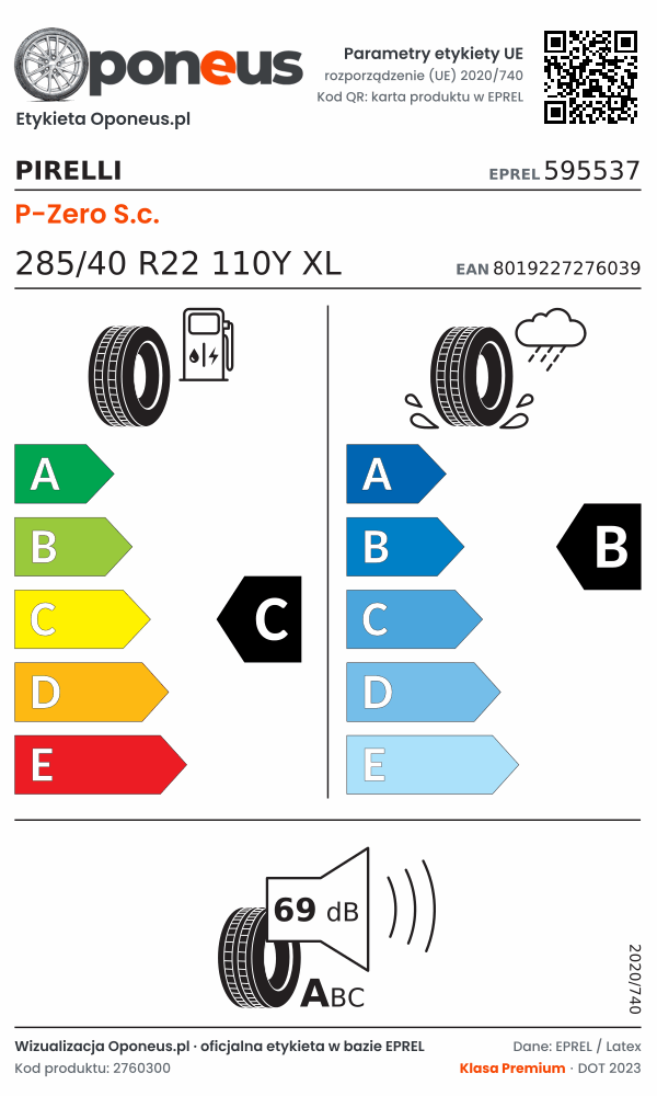 Parametry etykiety UE opony Pirelli P-Zero S.c. 285/40 R22 110Y XL: efektywność paliwowa C, przyczepność na mokrej nawierzchni B, hałas 69 dB (klasa A)