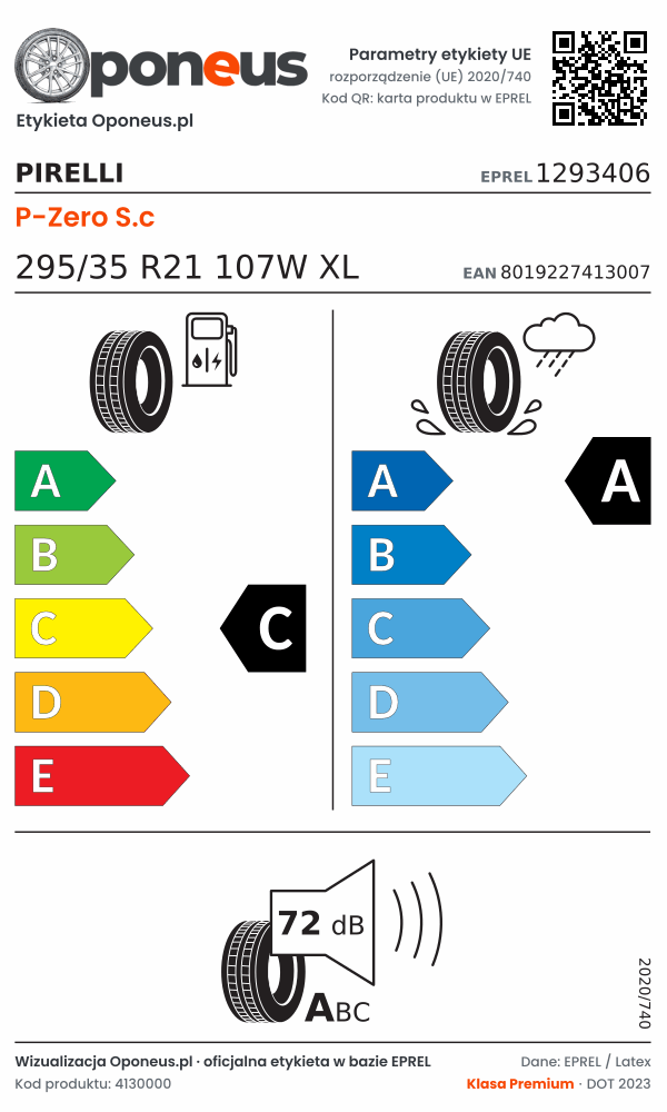 Parametry etykiety UE opony Pirelli P-Zero S.c 295/35 R21 107W XL: efektywność paliwowa C, przyczepność na mokrej nawierzchni A, hałas 72 dB (klasa A)
