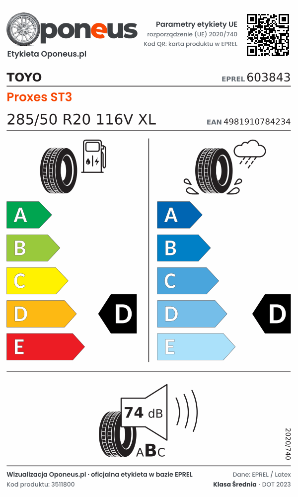 Parametry etykiety UE opony Toyo Proxes ST3 285/50 R20 116V XL: efektywność paliwowa D, przyczepność na mokrej nawierzchni D, hałas 74 dB (klasa B)