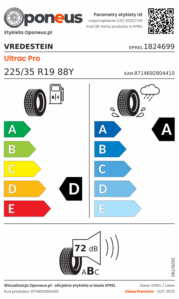 Parametry etykiety UE opony Vredestein Ultrac Pro 225/35 R19 88Y: efektywność paliwowa D, przyczepność na mokrej nawierzchni A, hałas 72 dB (klasa B)