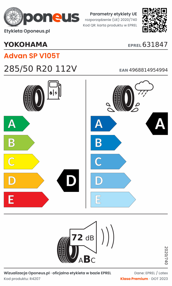 Parametry etykiety UE opony Yokohama Advan SP V105T 285/50 R20 112V: efektywność paliwowa D, przyczepność na mokrej nawierzchni A, hałas 72 dB (klasa B)