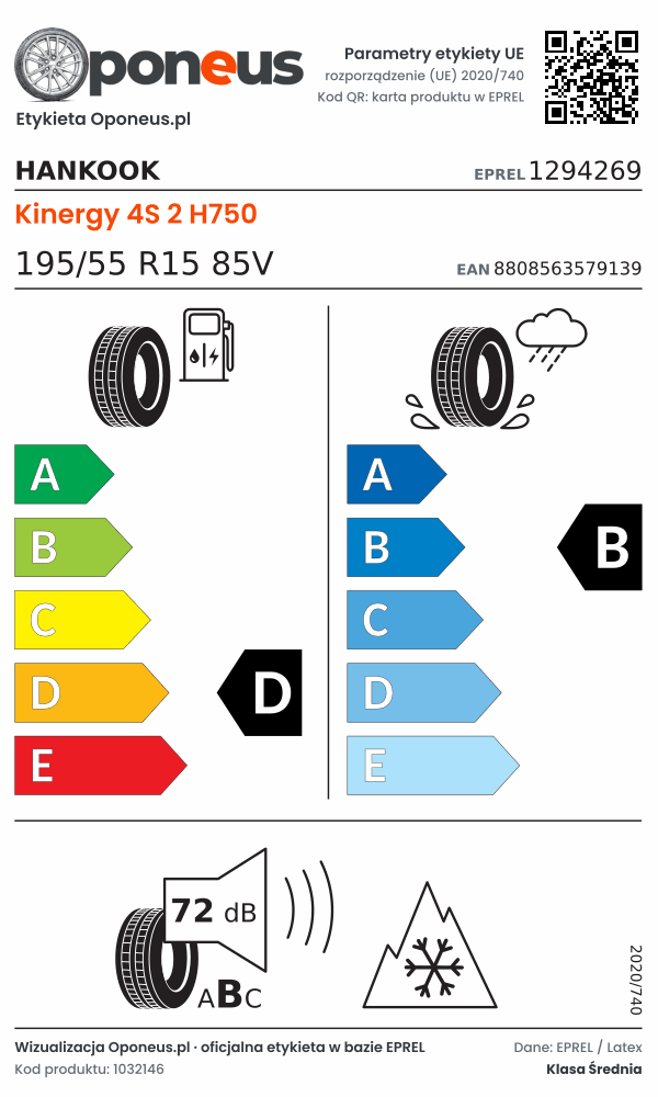 Parametry etykiety UE opony Hankook Kinergy 4S 2 H750 195/55 R15 85V: efektywność paliwowa D, przyczepność na mokrej nawierzchni B, hałas 72 dB (klasa B), 3PMSF