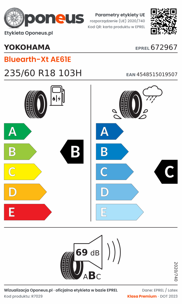 Parametry etykiety UE opony Yokohama Bluearth-Xt AE61E 235/60 R18 103H: efektywność paliwowa B, przyczepność na mokrej nawierzchni C, hałas 69 dB (klasa B)