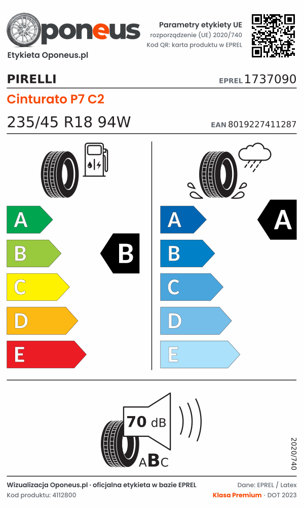 Parametry etykiety UE opony Pirelli Cinturato P7 C2 235/45 R18 94W: efektywność paliwowa B, przyczepność na mokrej nawierzchni A, hałas 70 dB (klasa B)