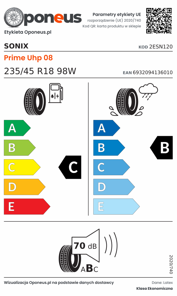 Parametry etykiety UE opony Sonix Prime Uhp 08 235/45 R18 98W: efektywność paliwowa C, przyczepność na mokrej nawierzchni B, hałas 70 dB (klasa B)