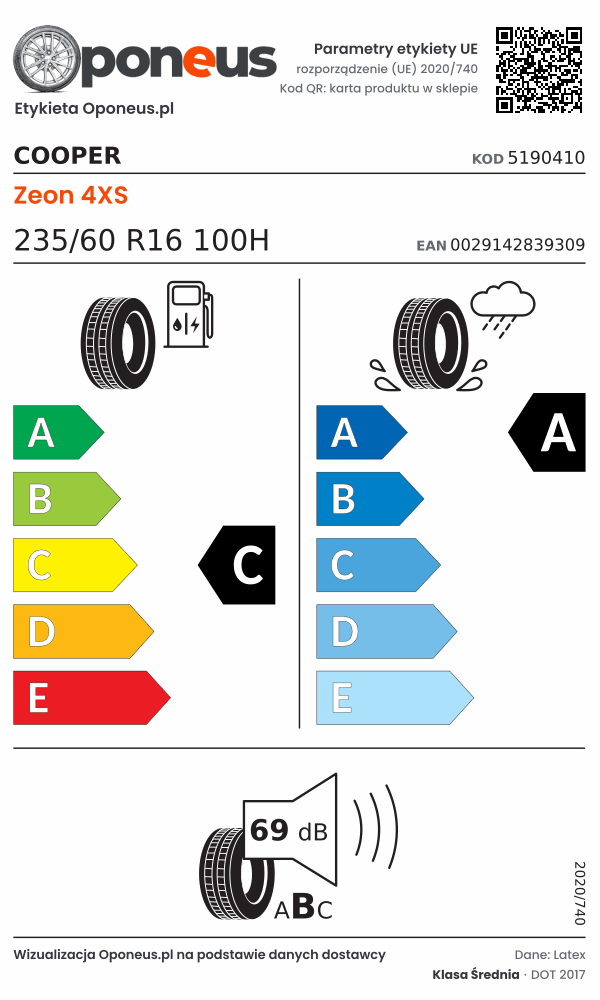 Parametry etykiety UE opony Cooper Zeon 4XS 235/60 R16 100H: efektywność paliwowa C, przyczepność na mokrej nawierzchni A, hałas 69 dB (klasa B)