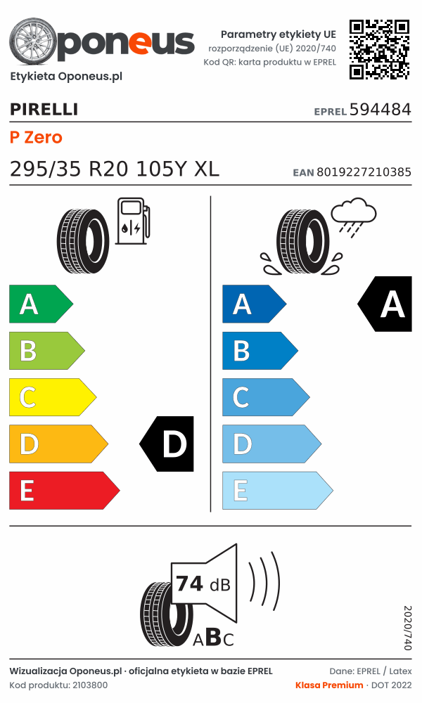 Parametry etykiety UE opony Pirelli P Zero 295/35 R20 105Y XL: efektywność paliwowa D, przyczepność na mokrej nawierzchni A, hałas 74 dB (klasa B)