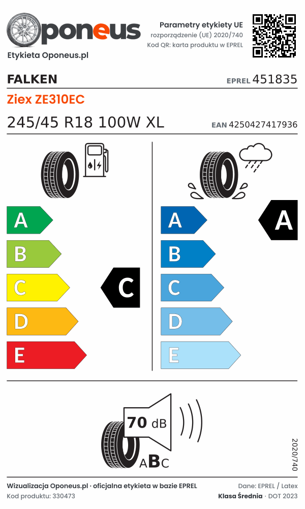 Parametry etykiety UE opony Falken Ziex ZE310EC 245/45 R18 100W XL: efektywność paliwowa C, przyczepność na mokrej nawierzchni A, hałas 70 dB (klasa B)