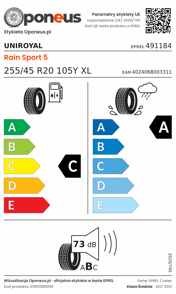 Parametry etykiety UE opony Uniroyal Rain Sport 5 255/45 R20 105Y XL: efektywność paliwowa C, przyczepność na mokrej nawierzchni A, hałas 73 dB (klasa B)