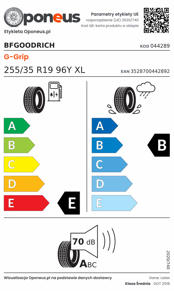 Parametry etykiety UE opony BFGoodrich G-Grip 255/35 R19 96Y XL: efektywność paliwowa E, przyczepność na mokrej nawierzchni B, hałas 70 dB (klasa A)