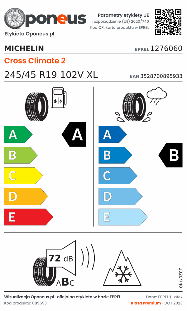 Parametry etykiety UE opony Michelin Cross Climate 2 245/45 R19 102V XL: efektywność paliwowa A, przyczepność na mokrej nawierzchni B, hałas 72 dB (klasa B), 3PMSF