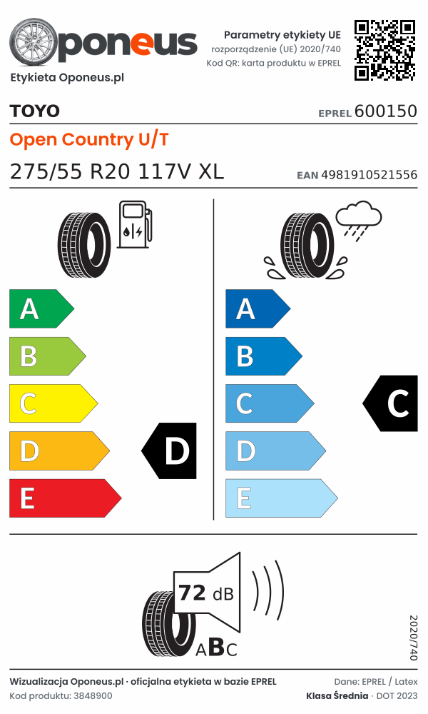 Parametry etykiety UE opony Toyo Open Country U/T 275/55 R20 117V XL: efektywność paliwowa D, przyczepność na mokrej nawierzchni C, hałas 72 dB (klasa B)