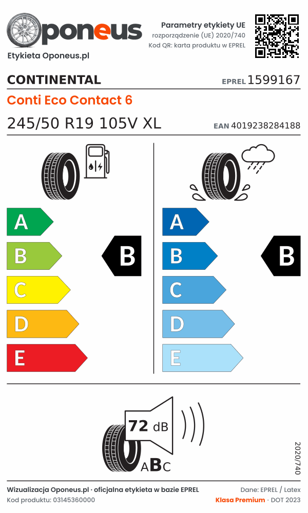 Parametry etykiety UE opony Continental Conti Eco Contact 6 245/50 R19 105V XL: efektywność paliwowa B, przyczepność na mokrej nawierzchni B, hałas 72 dB (klasa B)