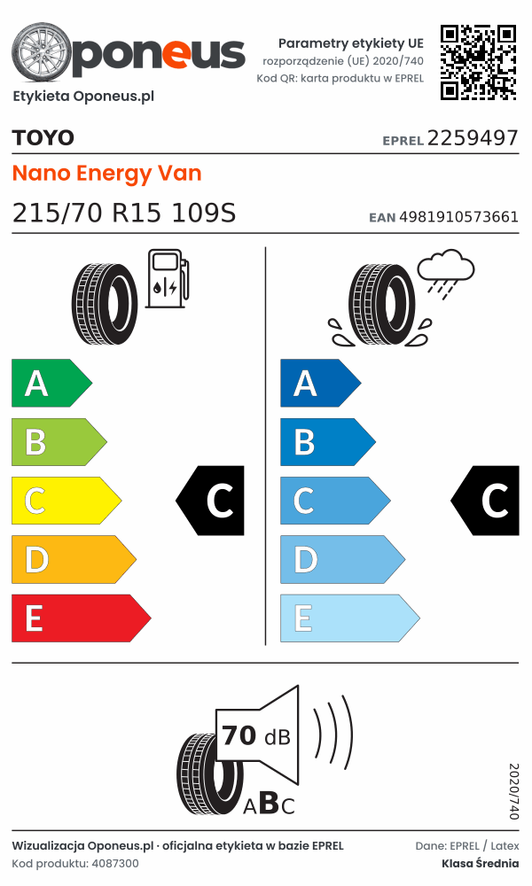 Parametry etykiety UE opony Toyo Nano Energy Van 215/70 R15 109S: efektywność paliwowa C, przyczepność na mokrej nawierzchni C, hałas 70 dB (klasa B)