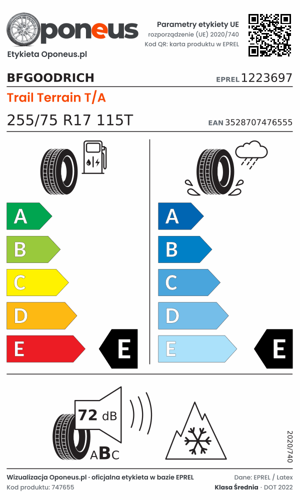 Parametry etykiety UE opony BFGoodrich Trail Terrain T/A 255/75 R17 115T: efektywność paliwowa E, przyczepność na mokrej nawierzchni E, hałas 72 dB (klasa B), 3PMSF
