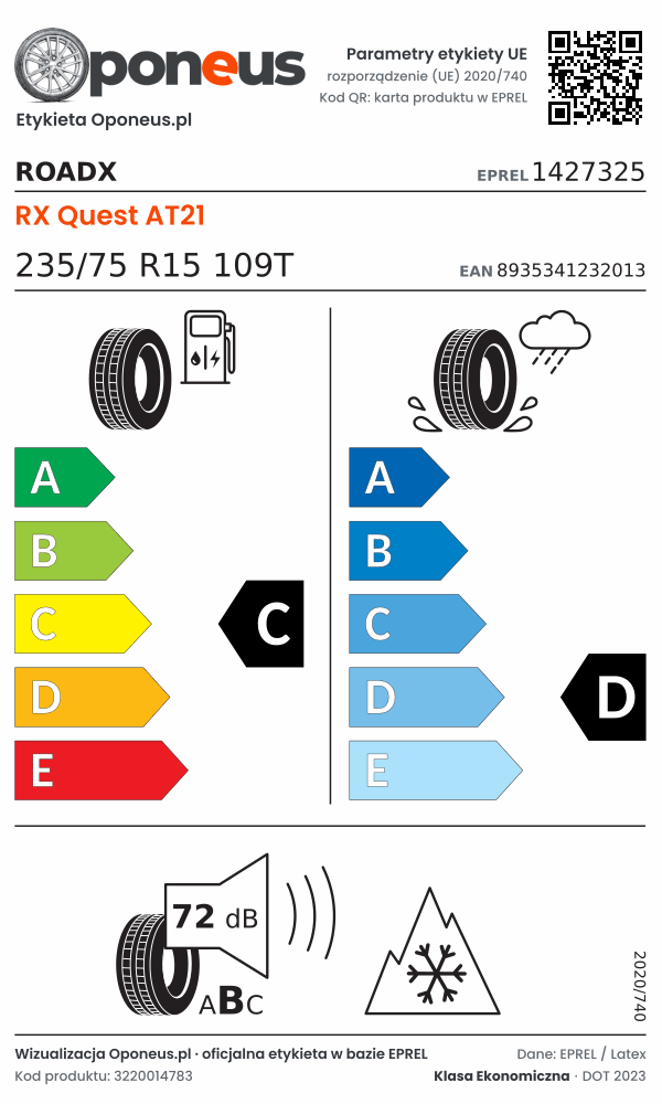 Parametry etykiety UE opony RoadX RX Quest AT21 235/75 R15 109T: efektywność paliwowa C, przyczepność na mokrej nawierzchni D, hałas 72 dB (klasa B), 3PMSF