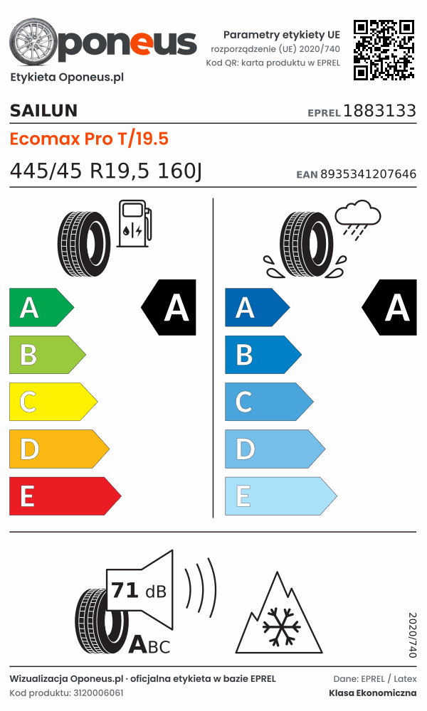 Parametry etykiety UE opony Sailun Ecomax Pro T/19.5 445/45 R19,5 160J: efektywność paliwowa A, przyczepność na mokrej nawierzchni A, hałas 71 dB (klasa A), 3PMSF