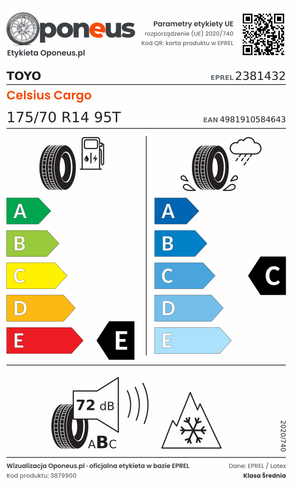 Parametry etykiety UE opony Toyo Celsius Cargo 175/70 R14 95T: efektywność paliwowa E, przyczepność na mokrej nawierzchni C, hałas 72 dB (klasa B), 3PMSF