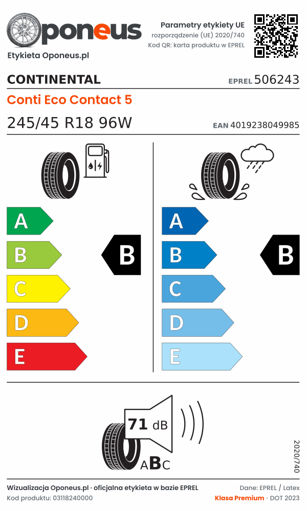 Parametry etykiety UE opony Continental Conti Eco Contact 5 245/45 R18 96W: efektywność paliwowa B, przyczepność na mokrej nawierzchni B, hałas 71 dB (klasa B)