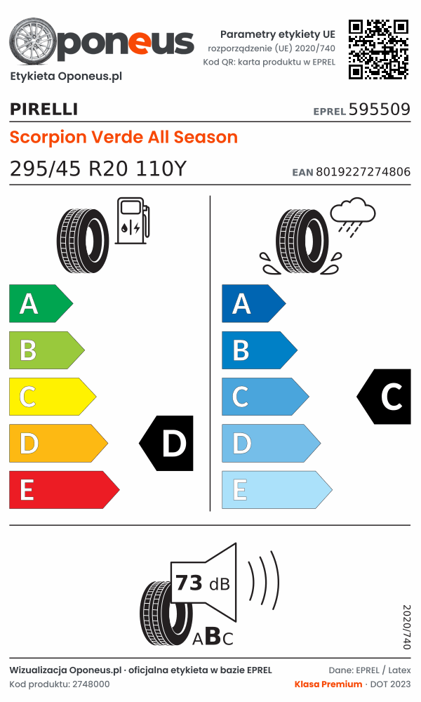 Parametry etykiety UE opony Pirelli Scorpion Verde All Season 295/45 R20 110Y: efektywność paliwowa D, przyczepność na mokrej nawierzchni C, hałas 73 dB (klasa B)
