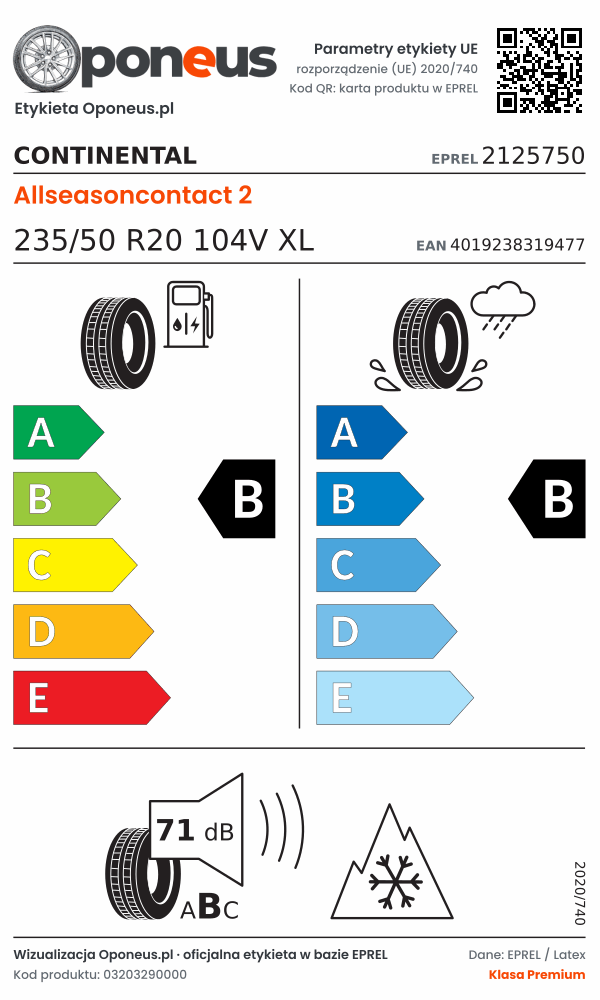 Parametry etykiety UE opony Continental Allseasoncontact 2 235/50 R20 104V XL: efektywność paliwowa B, przyczepność na mokrej nawierzchni B, hałas 71 dB (klasa B), 3PMSF