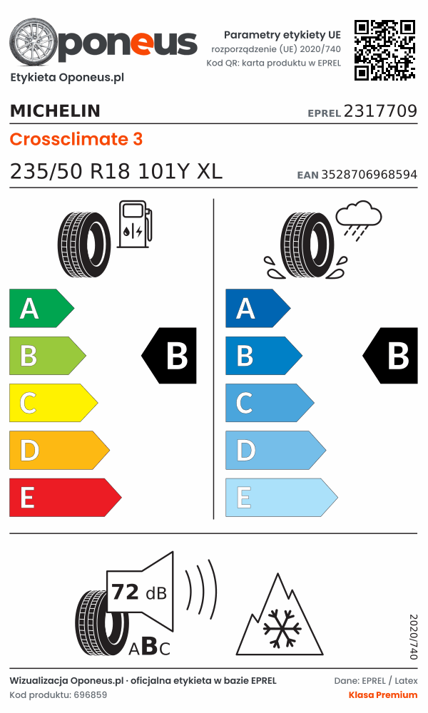 Parametry etykiety UE opony Michelin Crossclimate 3 235/50 R18 101Y XL: efektywność paliwowa B, przyczepność na mokrej nawierzchni B, hałas 72 dB (klasa B), 3PMSF