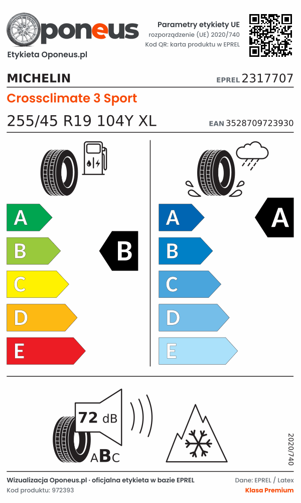 Parametry etykiety UE opony Michelin Crossclimate 3 Sport 255/45 R19 104Y XL: efektywność paliwowa B, przyczepność na mokrej nawierzchni A, hałas 72 dB (klasa B), 3PMSF