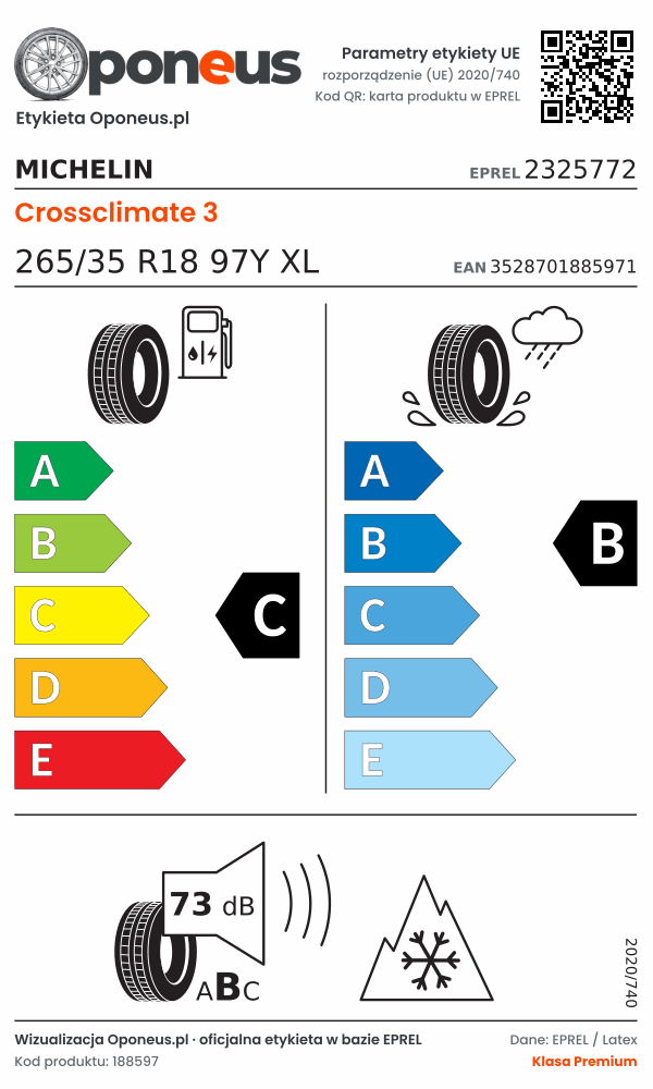 Parametry etykiety UE opony Michelin Crossclimate 3 265/35 R18 97Y XL: efektywność paliwowa C, przyczepność na mokrej nawierzchni B, hałas 73 dB (klasa B), 3PMSF