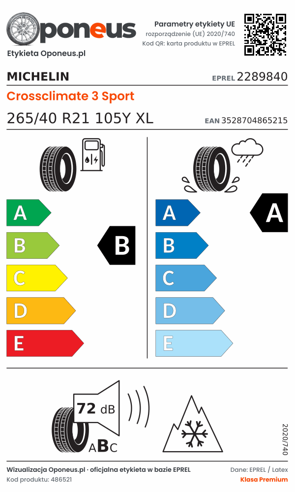Parametry etykiety UE opony Michelin Crossclimate 3 Sport 265/40 R21 105Y XL: efektywność paliwowa B, przyczepność na mokrej nawierzchni A, hałas 72 dB (klasa B), 3PMSF