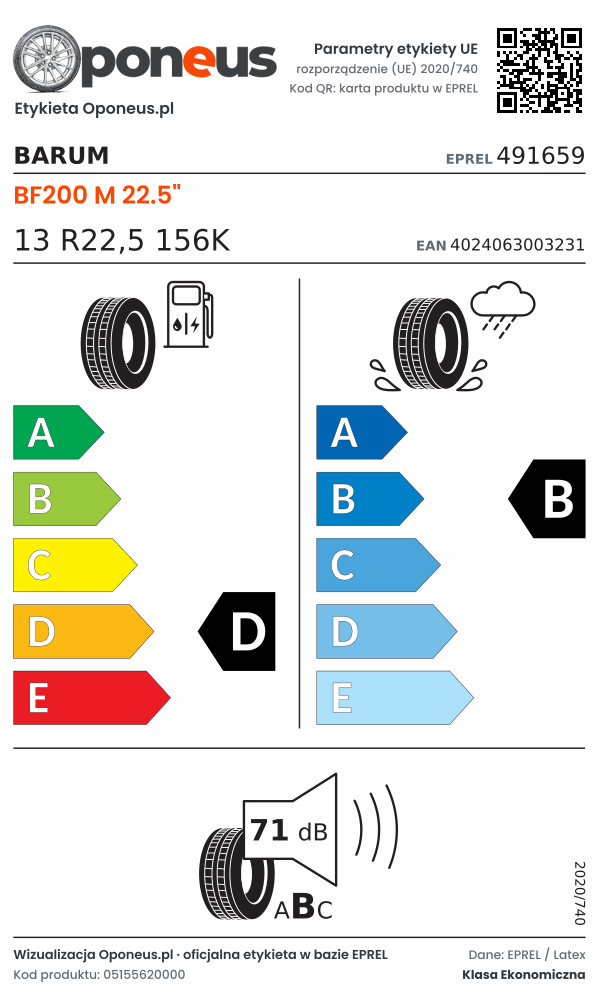 Parametry etykiety UE opony Barum BF200 M 22.5" 13 R22,5 156K: efektywność paliwowa D, przyczepność na mokrej nawierzchni B, hałas 71 dB (klasa B)