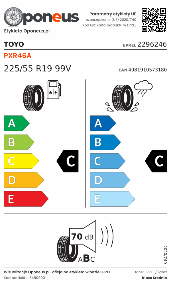 Parametry etykiety UE opony Toyo PXR46A 225/55 R19 99V: efektywność paliwowa C, przyczepność na mokrej nawierzchni C, hałas 70 dB (klasa B)