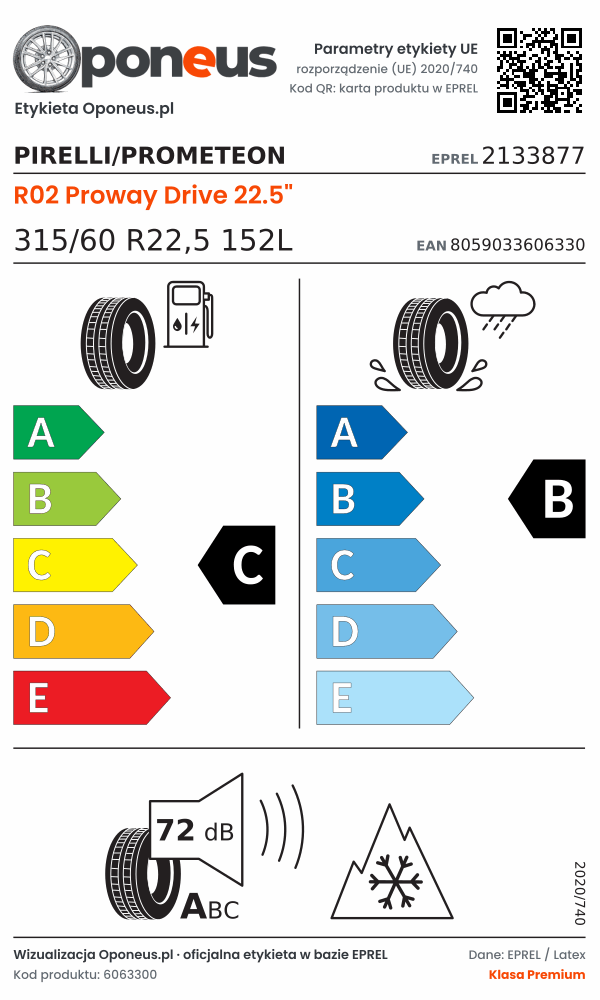Parametry etykiety UE opony Pirelli/Prometeon R02 Proway Drive 22.5" 315/60 R22,5 152L: efektywność paliwowa C, przyczepność na mokrej nawierzchni B, hałas 72 dB (klasa A), 3PMSF