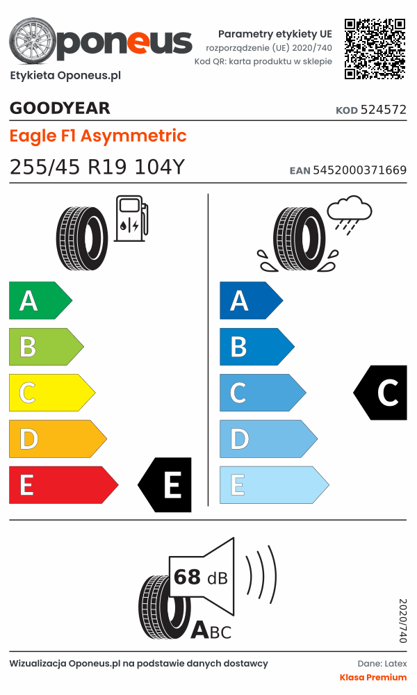 Parametry etykiety UE opony Goodyear Eagle F1 Asymmetric 255/45 R19 104Y: efektywność paliwowa E, przyczepność na mokrej nawierzchni C, hałas 68 dB (klasa A)