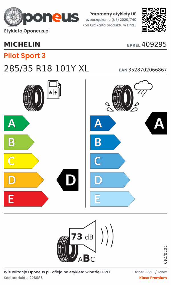 Parametry etykiety UE opony Michelin Pilot Sport 3 285/35 R18 101Y XL: efektywność paliwowa D, przyczepność na mokrej nawierzchni A, hałas 73 dB (klasa B)