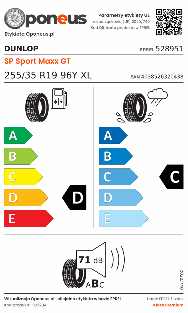 Parametry etykiety UE opony Dunlop SP Sport Maxx GT 255/35 R19 96Y XL: efektywność paliwowa D, przyczepność na mokrej nawierzchni C, hałas 71 dB (klasa B)